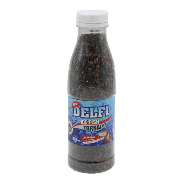 Прикормка DELFI зимняя ICE FISH Tornado универсальная  гаммарус+мотыль, черная+БЛЕСТКИ, 500мл