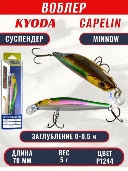 Воблер KYODA Capelin Minnow-70SP, длина 7,0 см, вес 5.0 гр цвет P1244, заглубление 0-0.5 м