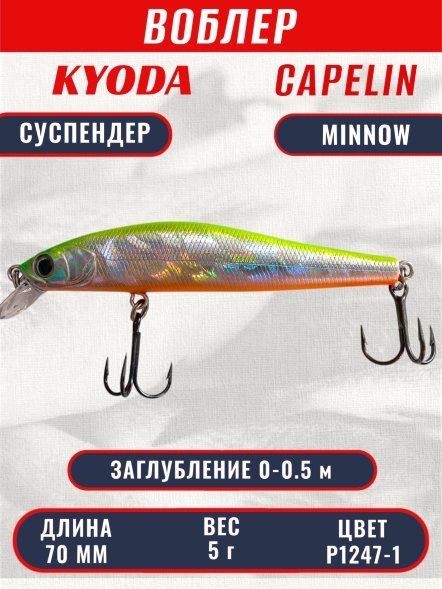 Воблер KYODA Capelin Minnow-70SP, длина 7,0 см, вес 5.0 гр цвет P1247-1, заглубление 0-0.5 м
